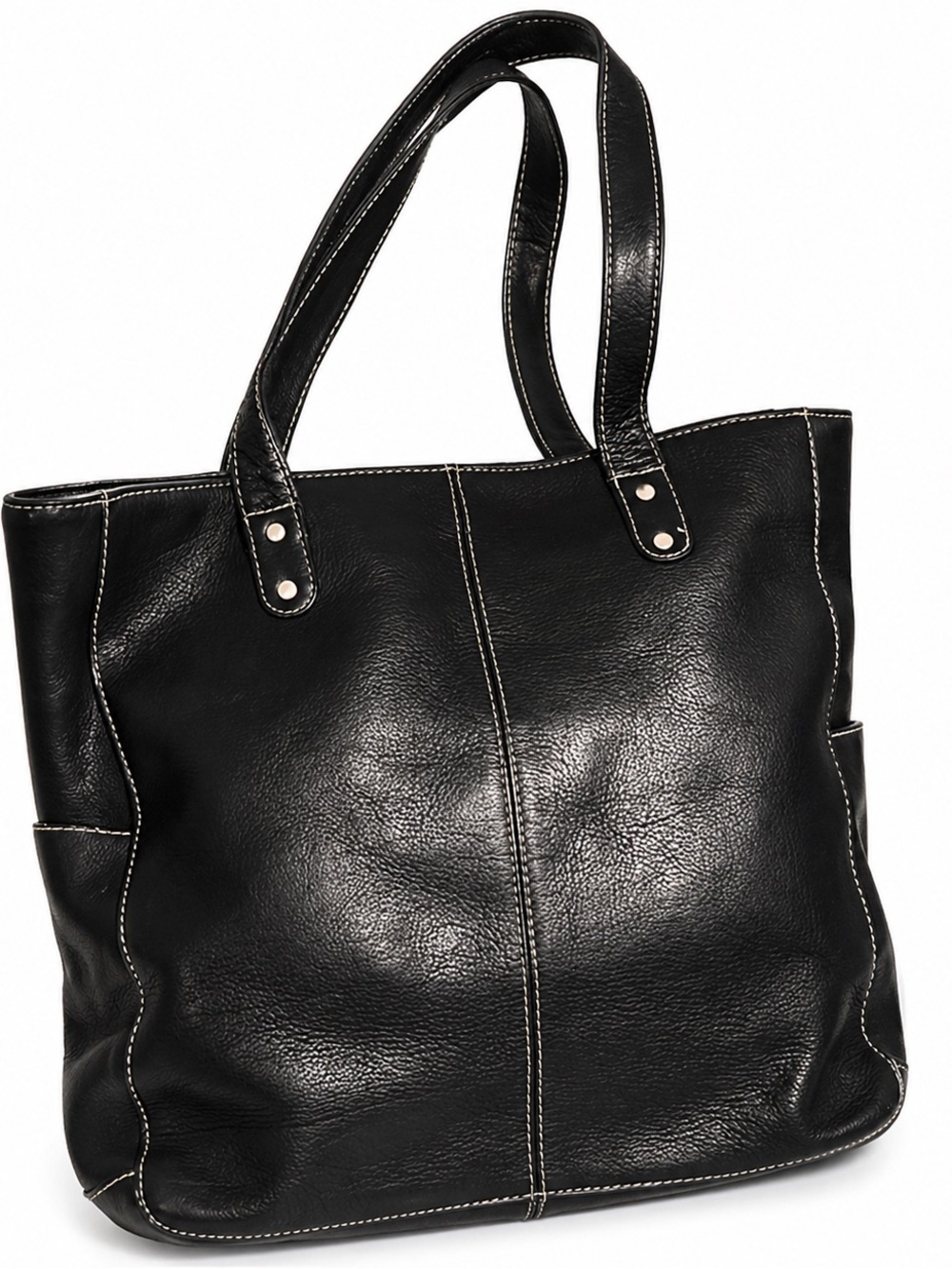 Le Donne Classic Black Leather Tote with Contrast Stitching EUC